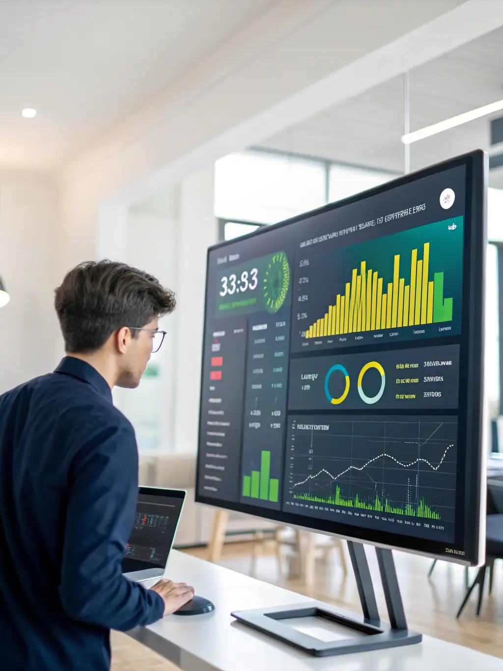 A professional, high-resolution image of a data analytics dashboard displaying key performance indicators (KPIs) for an advertising campaign, emphasizing data-driven results for NordCore Media's performance advertising service.