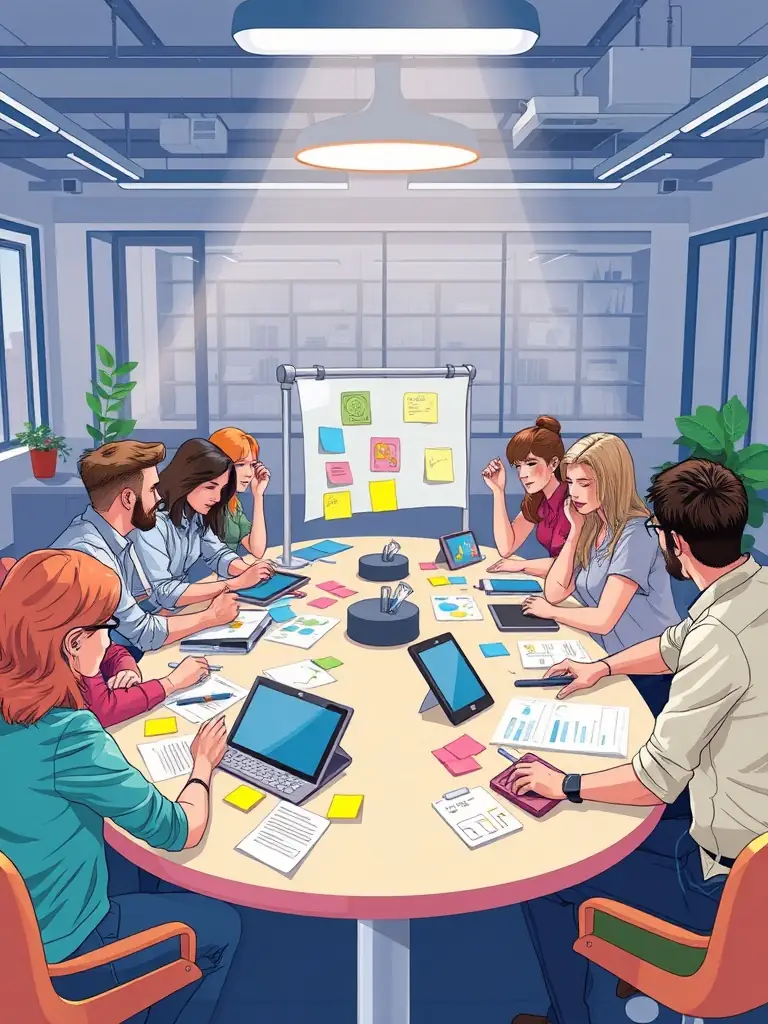 A creative team brainstorming session with visual storytelling elements, highlighting NordCore Media's ability to craft authentic brand narratives for the finance industry.