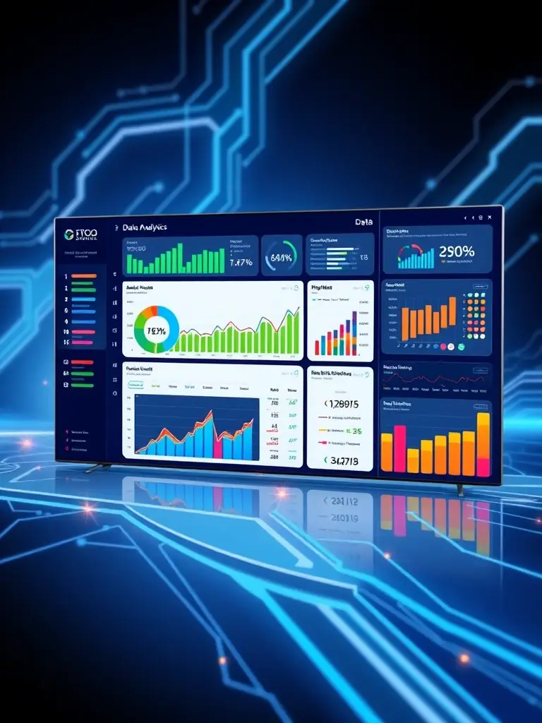 A dynamic digital marketing dashboard displaying real-time campaign performance metrics, showcasing NordCore Media's expertise in data-driven performance advertising for the finance sector.